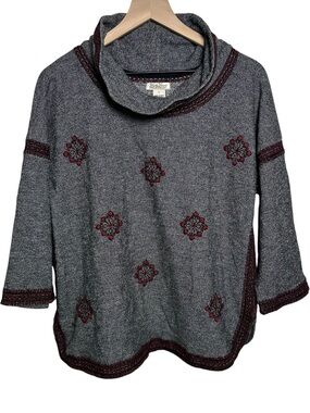 Lucky Brand Sweater Women’s Large Pullover Cowl Neck Gray Embroidered Boho Indie